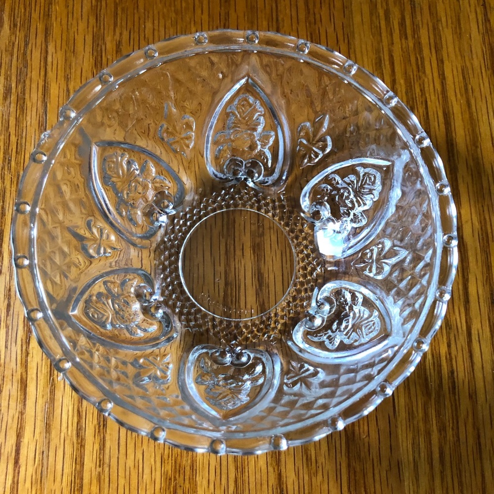 Vintage KIG Indonesia Hearts Roses Diamonds Glass Bowl Small 5”treat trinket